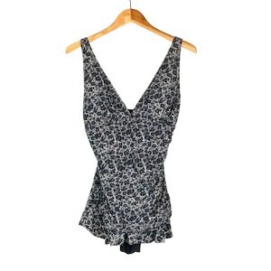 Shore Shapes Leopard Print One Piece Swimsuit Dress Grey Black Ruched Womans 12‎